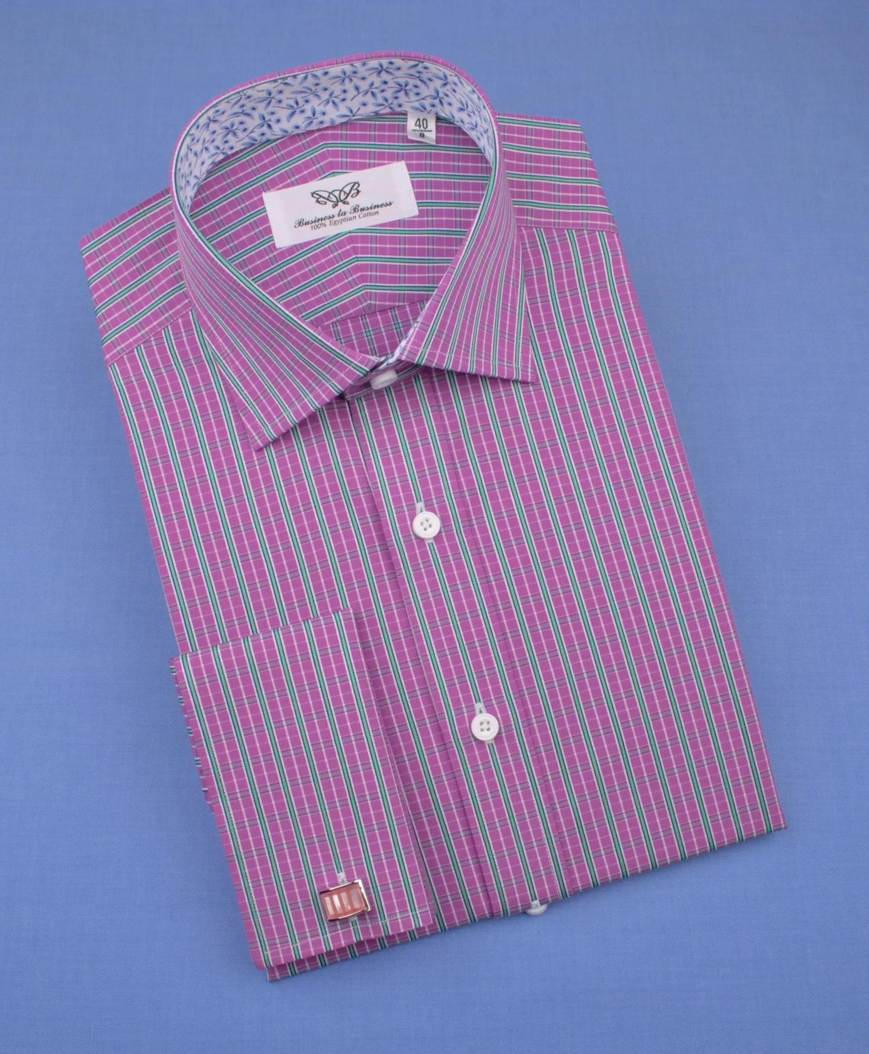 Magenta Red Green Fade Striped Checkered Designer Formal Business Shirt with Dandelion Inner-Lining