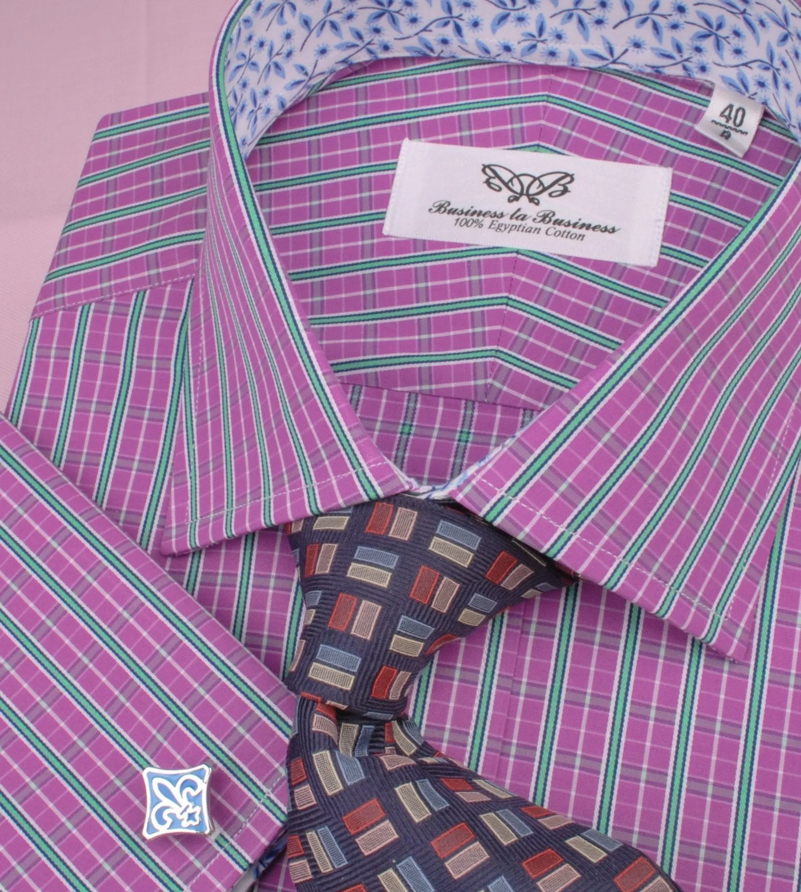 Magenta Red Green Fade Striped Checkered Designer Formal Business Shirt with Dandelion Inner-Lining