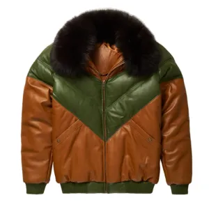 Mens Brown and Green Leather V Bomber Jacket