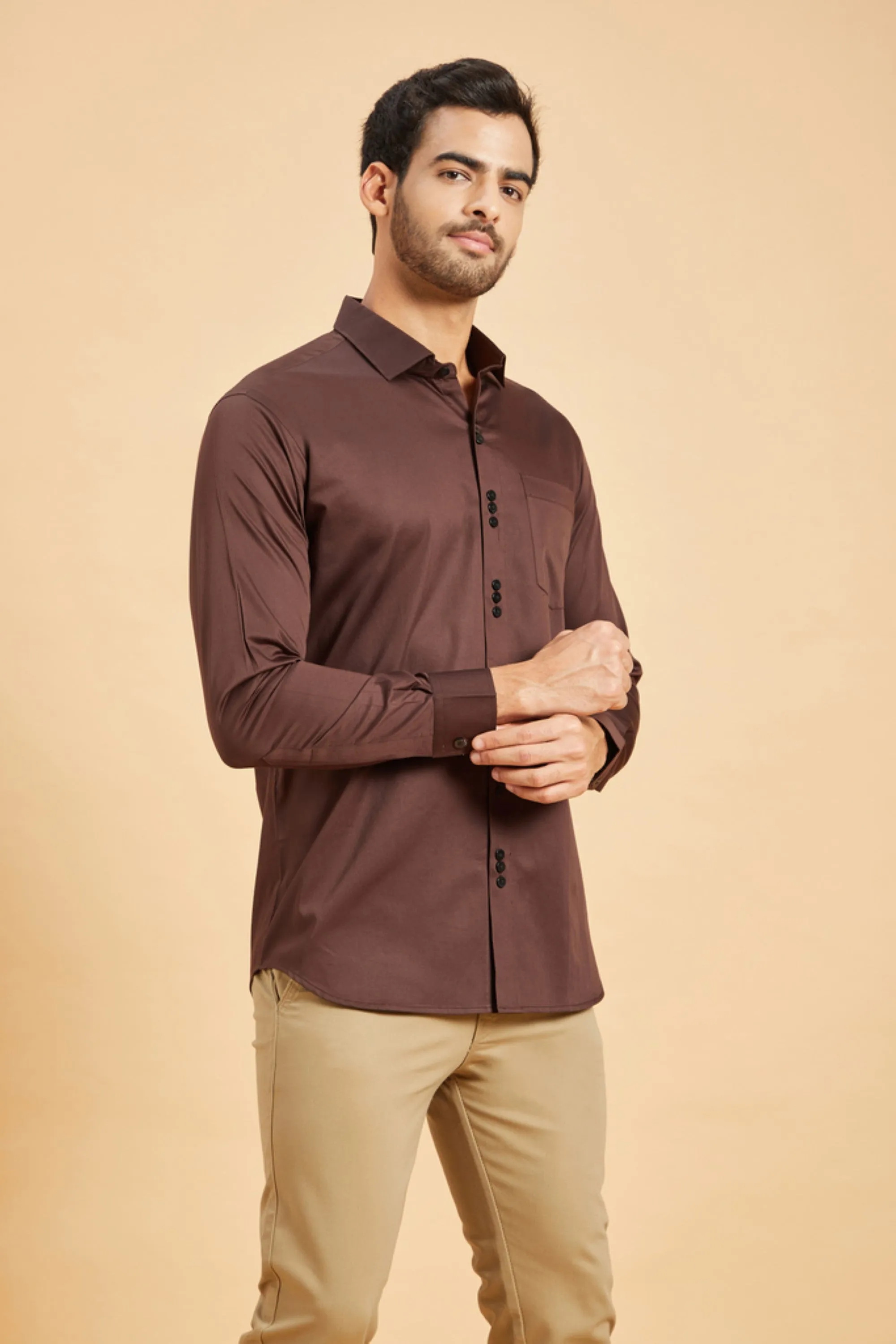 Men's Brown Color Browned Pattern Shirt Full Sleeves Casual Shirt - Hilo Design