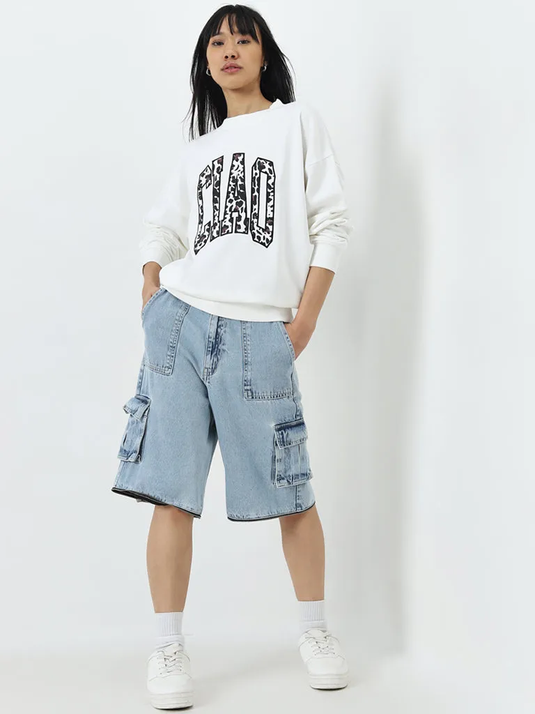 Nuon White Text Embroidered Cotton Sweatshirt