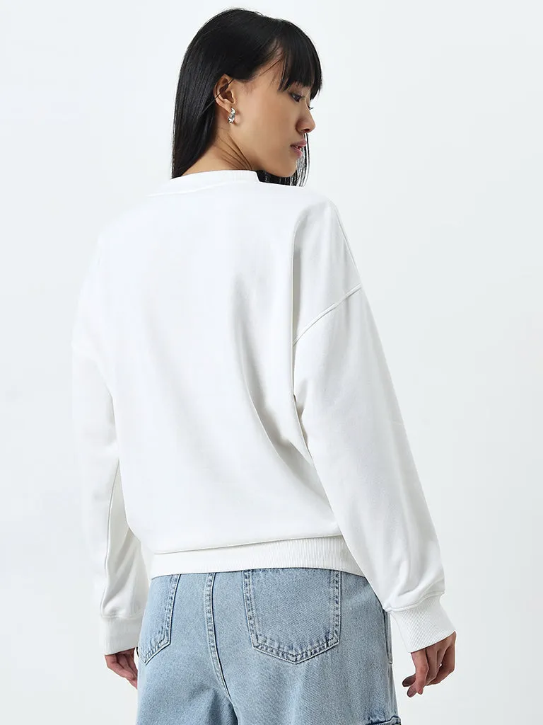 Nuon White Text Embroidered Cotton Sweatshirt