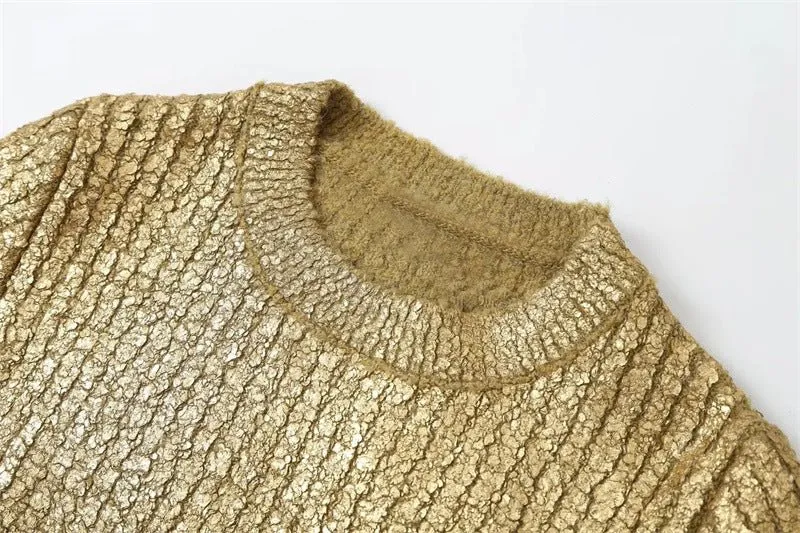 Pre Order:  Cracked Metallic Gold Knitted Top