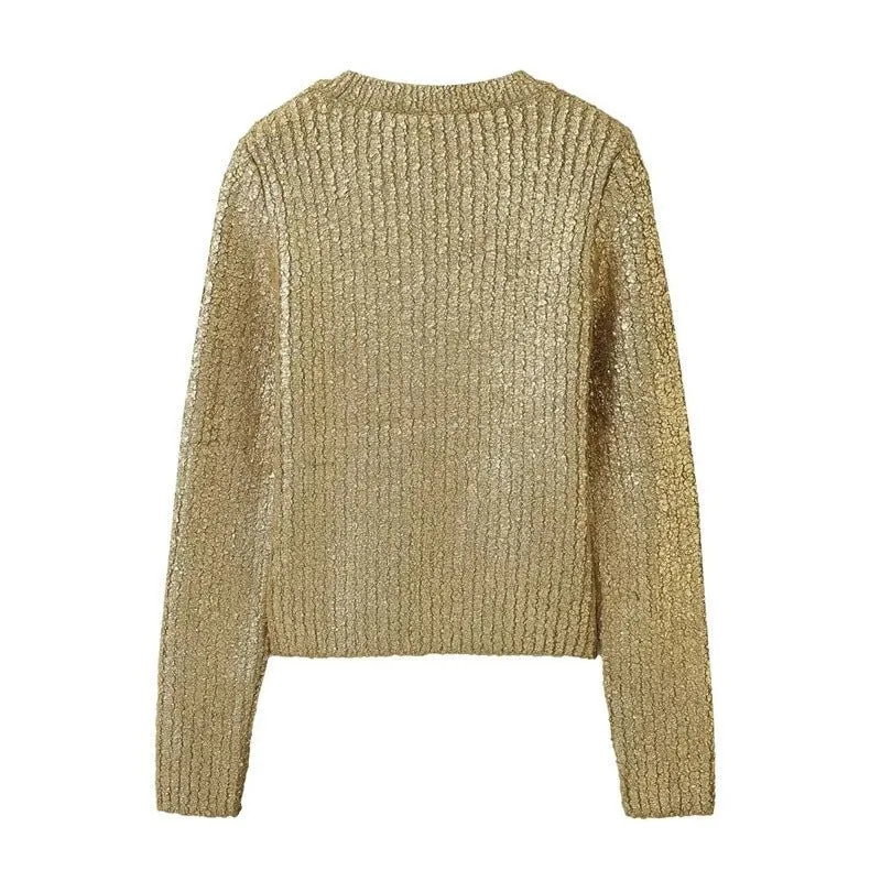 Pre Order:  Cracked Metallic Gold Knitted Top