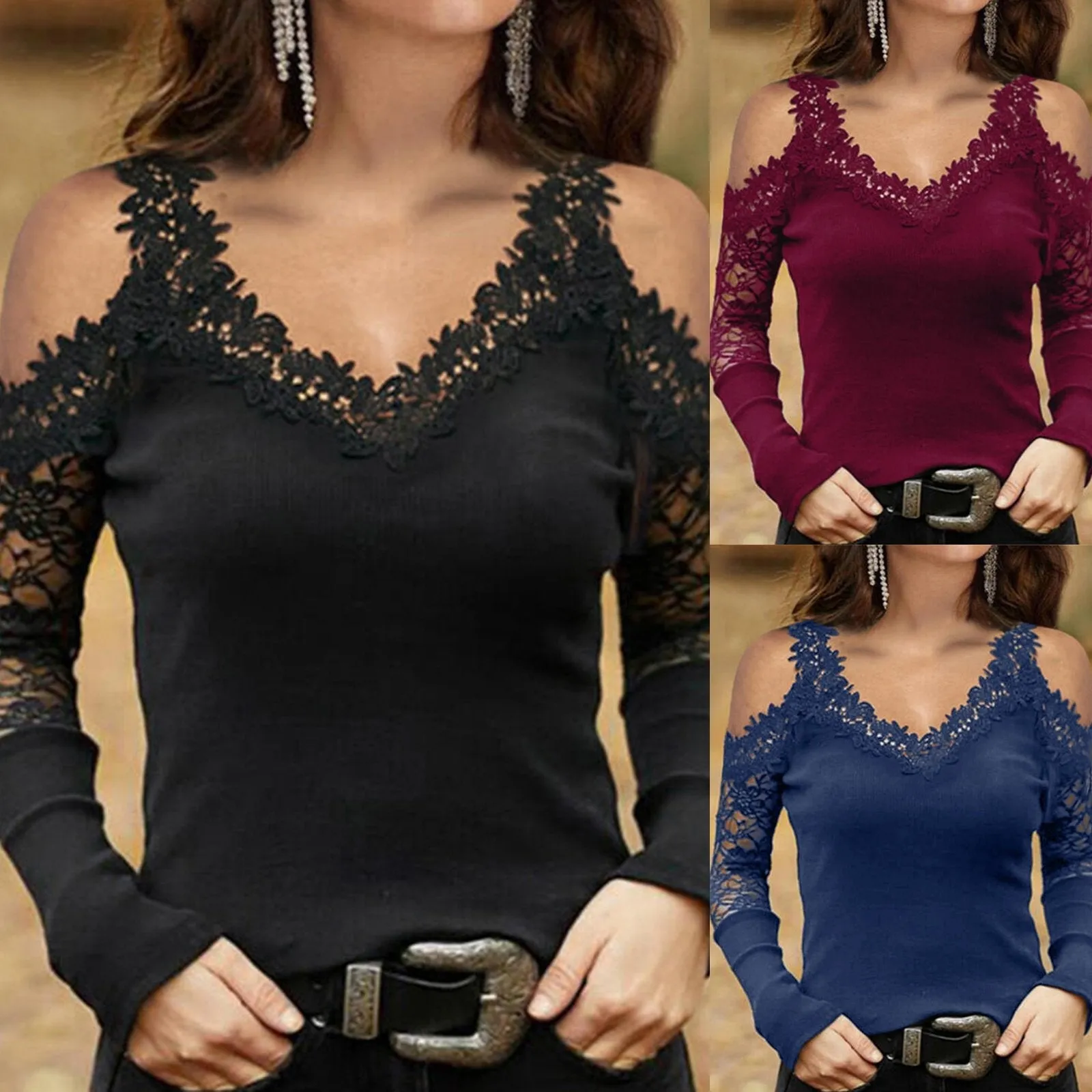 Pullover lace lace sling V-neck mesh bottoming shirt