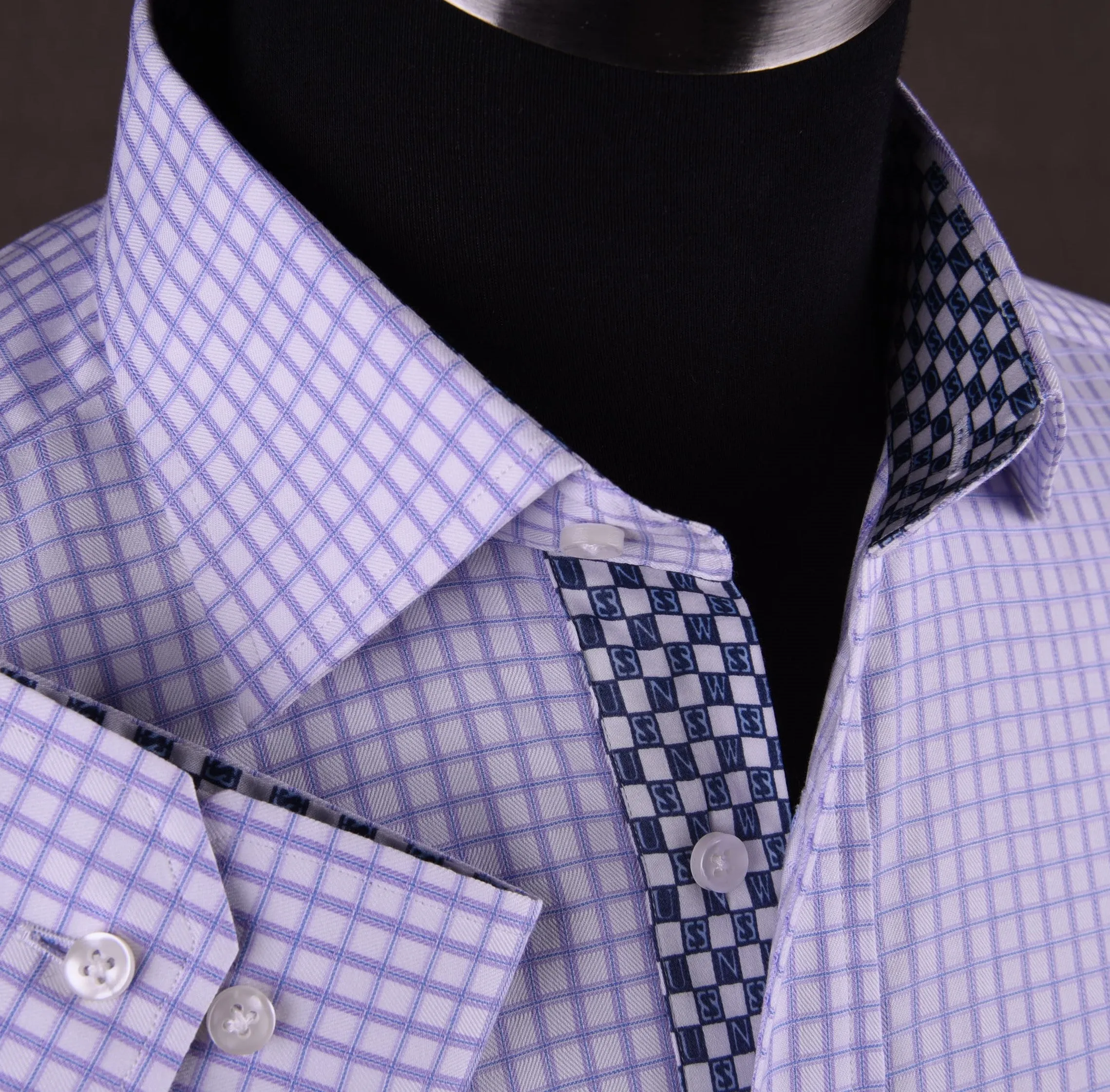 Purple Shepherd Twill Plaids & Checks Formal Business Dress Shirt B2B Blue Sale in Single Button Cuffs