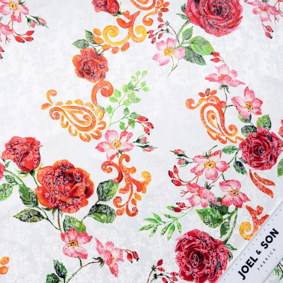 Red Rose Vision Printed Ivory Pure Silk Jacquard