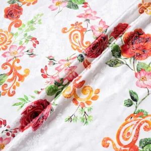 Red Rose Vision Printed Ivory Pure Silk Jacquard