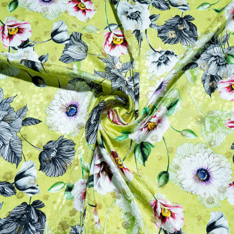 Wild Floral Printed Green Metallic Silk Jacquard