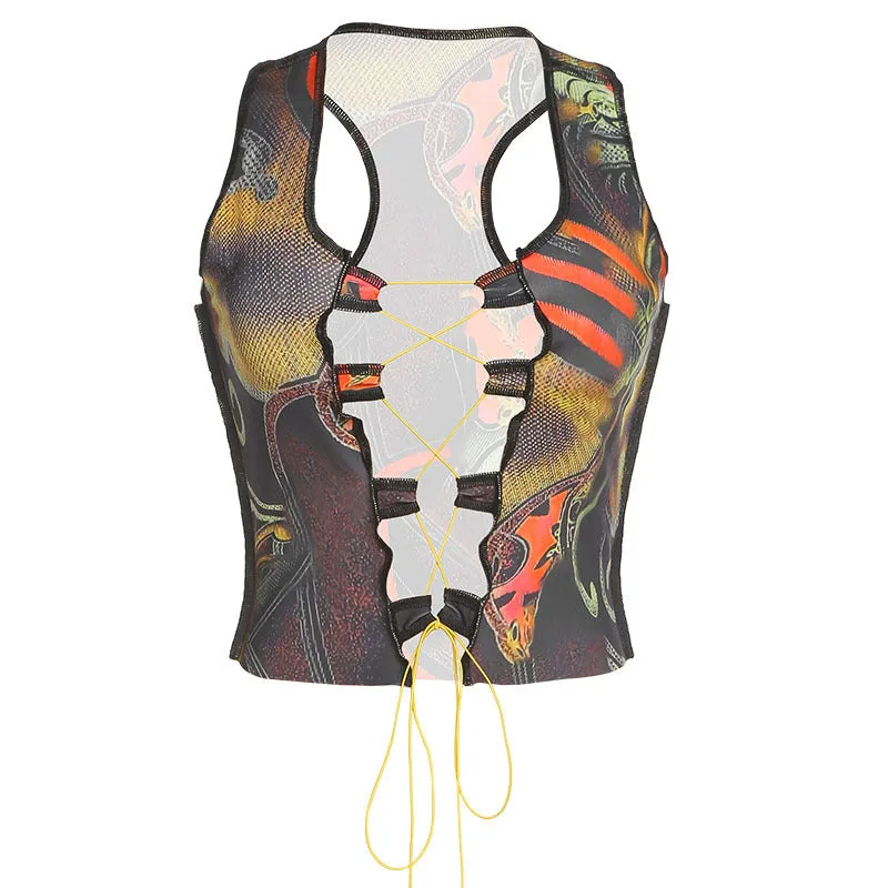 Women's Fashion Printed Bandage Hollow Sexy Slim Tank Top